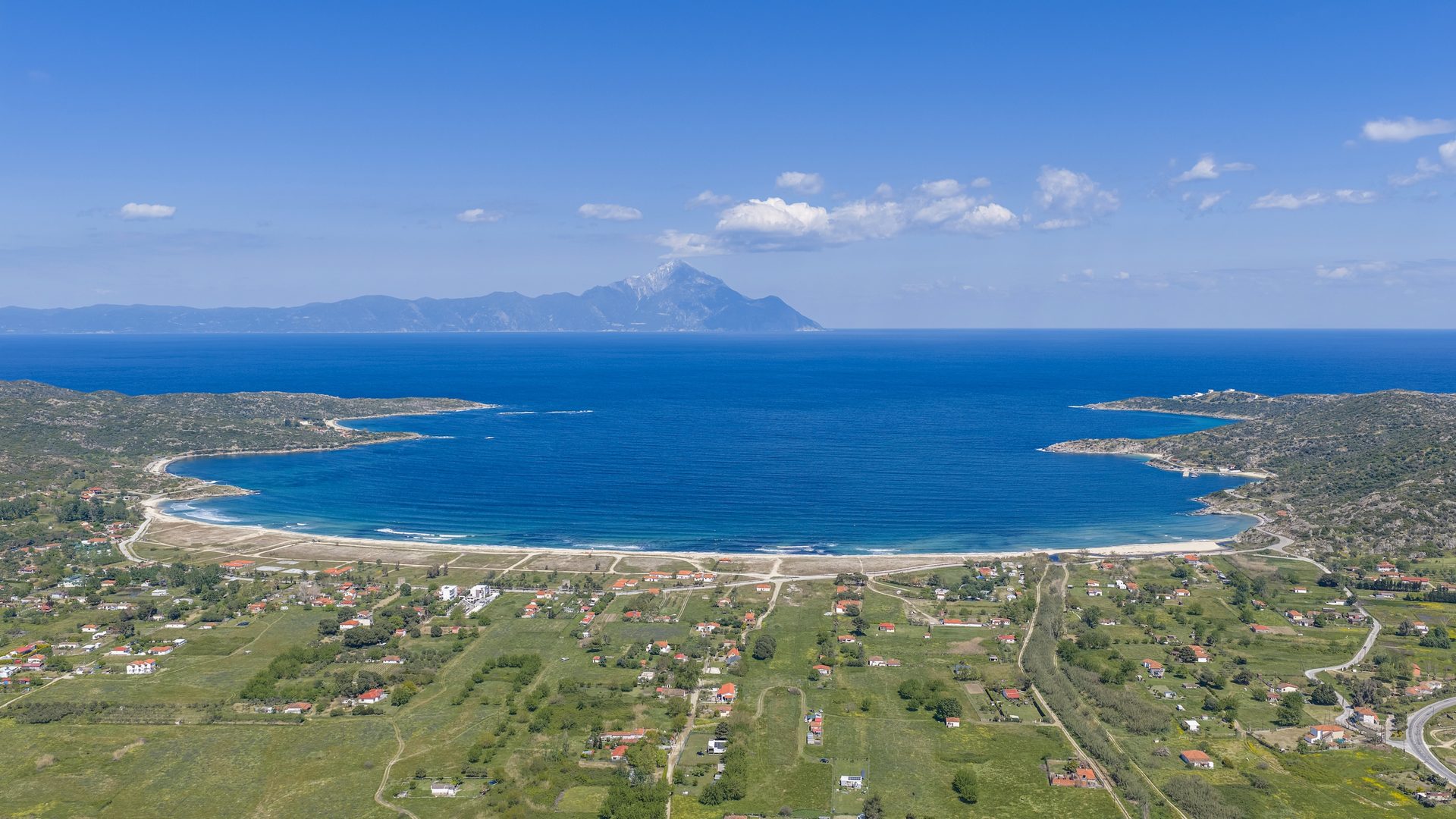 Sykia bay aerial with Mt Athos
